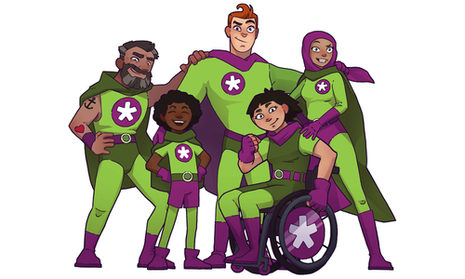 Logo Freiwilligentag 2022 - Comic-Zeichnung mit den Helden in grün-lila Ko