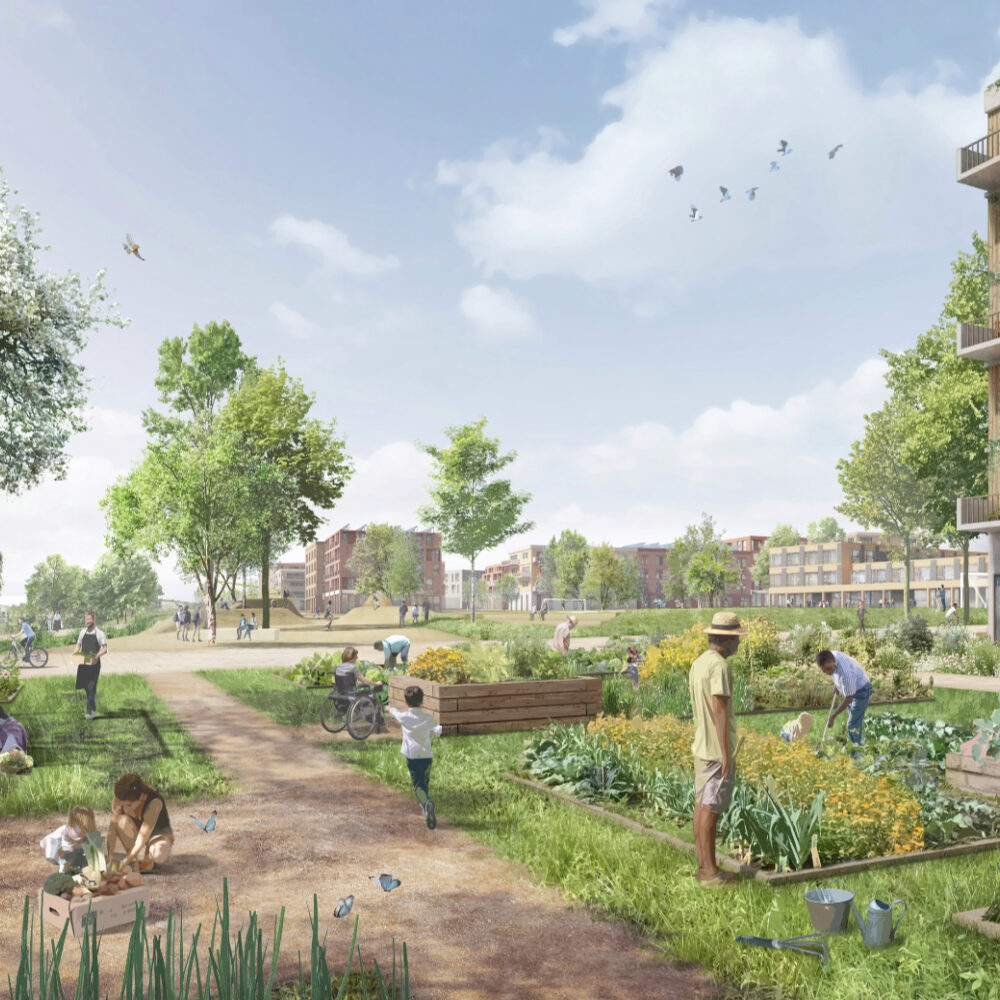 Auf dem Bild sind Urban Gardening-Flächen zwischen den Wohnhäusern zu sehen. Außerdem sind spielende Kinder und sich erholende sowie in den kleinen Gärten arbeitende Menschen abgebildet.