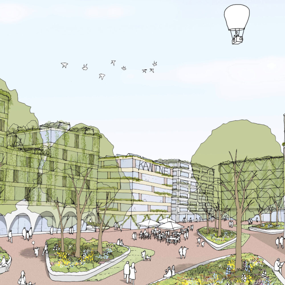 Auf dem Bild ist ein zentraler Campus-Platz mit flanierenden Menschen zu sehen. Der Platz ist umrahmt von Bürogebäuden und mit grünen Flächen, Bäumen und einladenden Sitzmöglichkeiten ausgestattet.