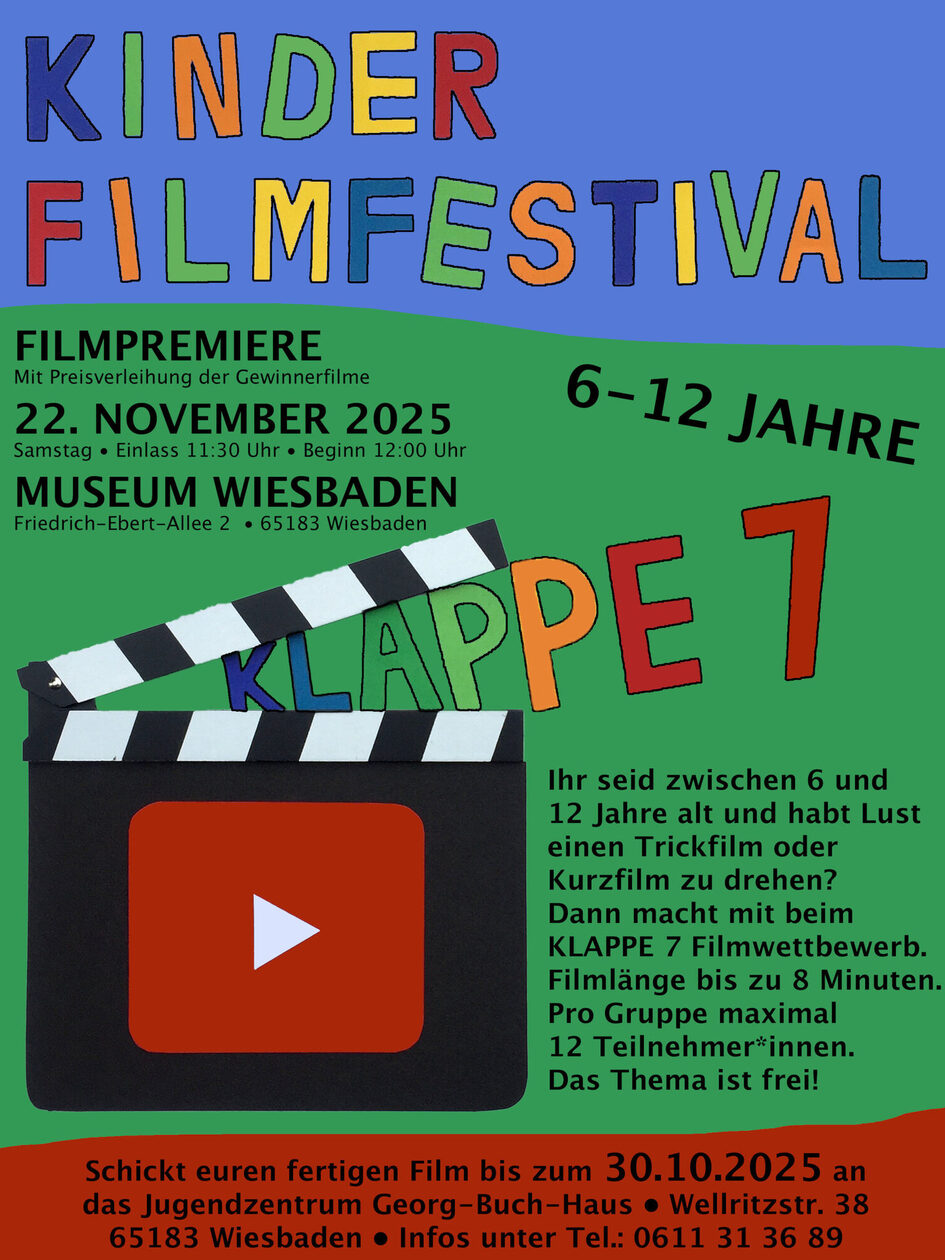 Ein Plakat mit einer Filmklappe und der Überschrift "Kinderfilmfestival Klappe 7"