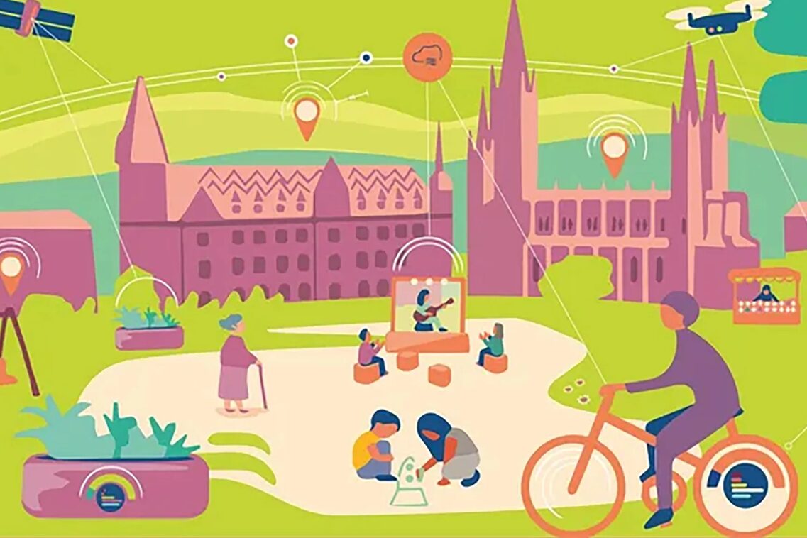 Illustration von Wiesbaden als Smart City mit Marktkirche, Rathaus und Menschen, sowie verschiedenen Icons, die Datensammlung symbolisieren.