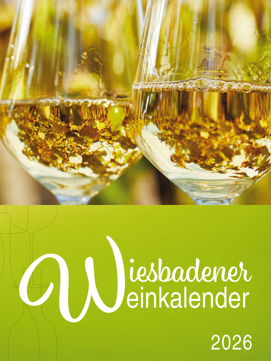 Cover Weinkalender 2026: Zwei Gläser mit Weißwein vor grünem Hintergrund.