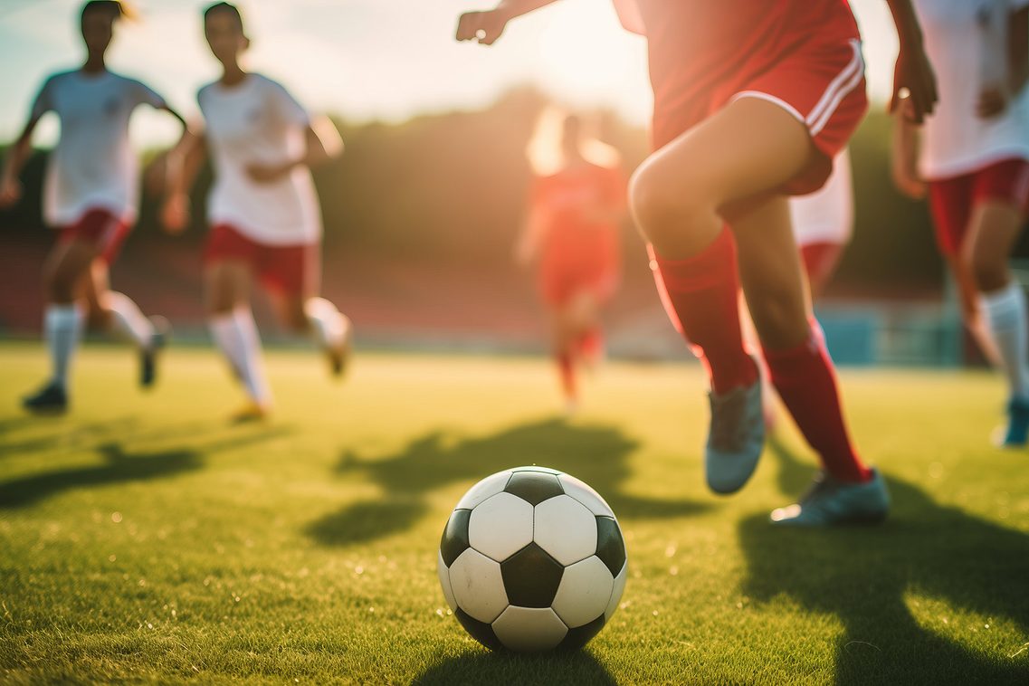 Jóvenes jugando al fútbol en un prado