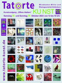 Tatorte Kunst: Plakat 2023 mit Slogan und vielen einzelnen Kunstwerken.
