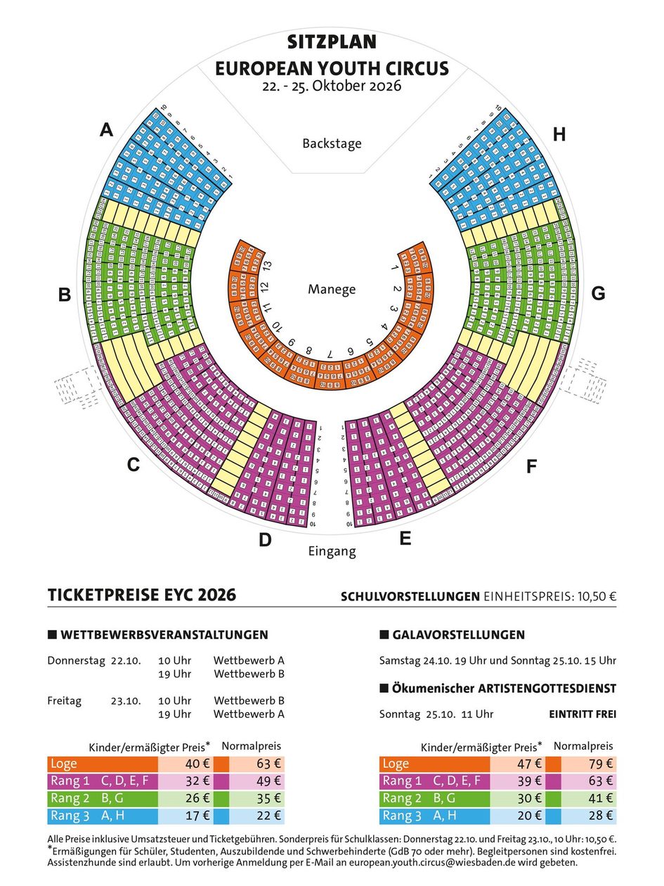 Das Bild zeigt den Plan der Zuschauertribüne mit farblich markierten Plätzen in verschiedenen Preiskategorien.