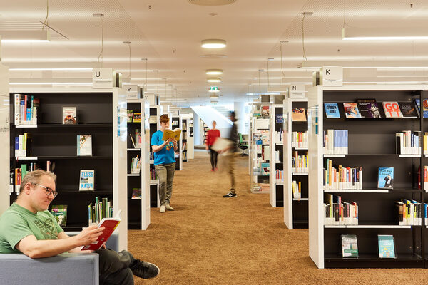 Mehrere Bücherregale und Personen, die in den Texten stöbern.