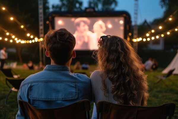 Giovane coppia al cinema all'aperto