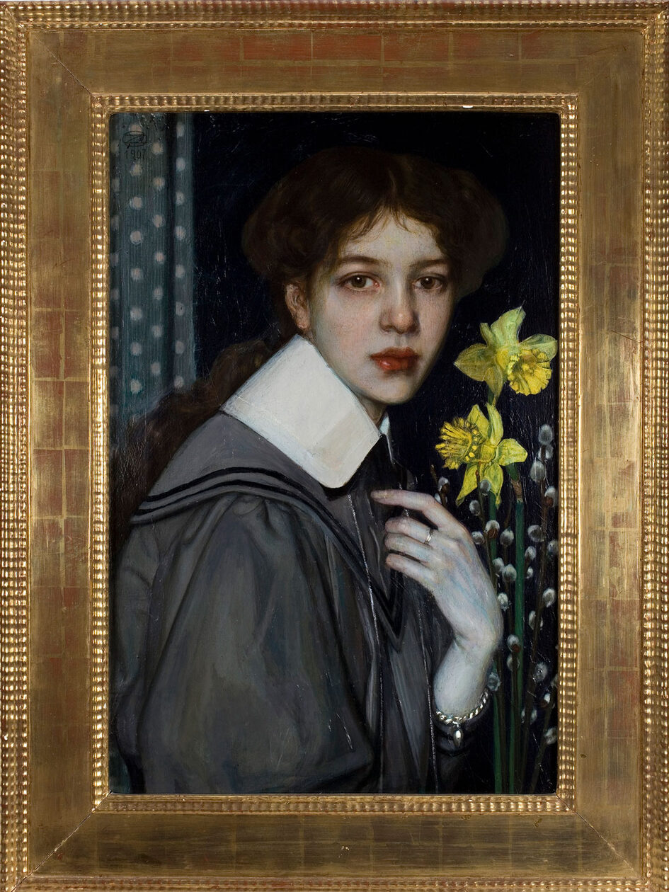 Painting . Woman with daffodil