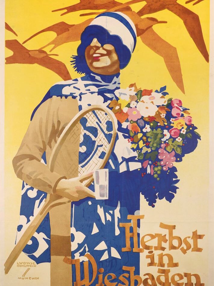 Plakat das gemalte Frau mit Blumenstrauß und Tennisschläger zeigt