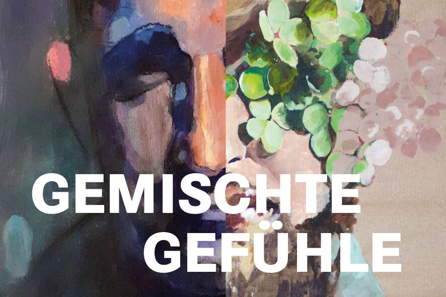 Abstraktes Gemälde eines zweigeteilten Gesichts darüber der Titel der Ausstellung