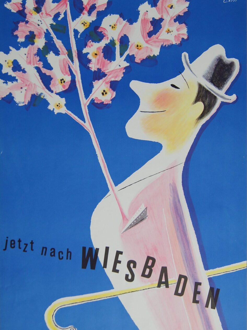 Plakat mit blauem Hintergrund davor ein gezeichneter Mann mit Stock und Blumen