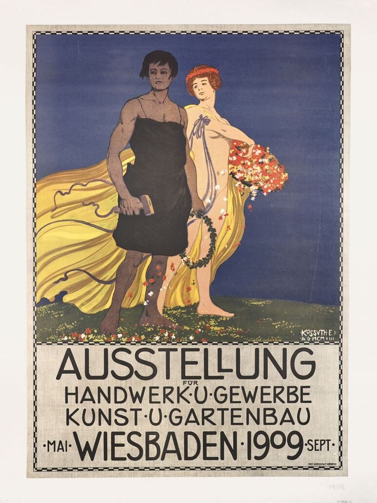 Plakat mit dunkelhäutigem Mann mit Hammer und hellhäutiger Frau in wallendem gelben Gewand mit Blumen