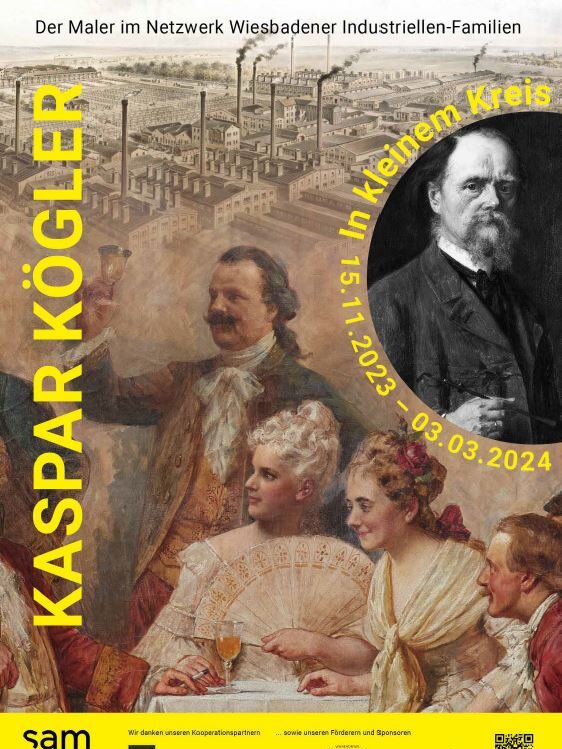 Poster for the special exhibition with a portrait of the artist and a detail of a painting