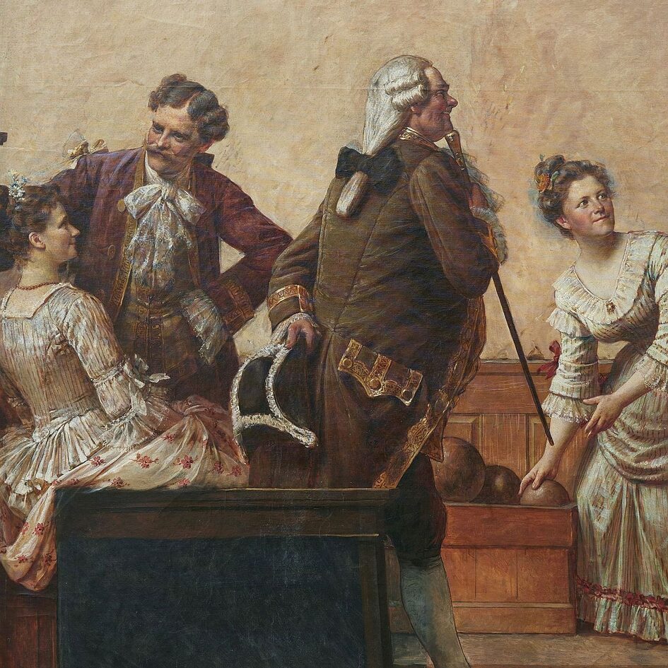 Kegelnde Menschen in Rokoko-Kostümen