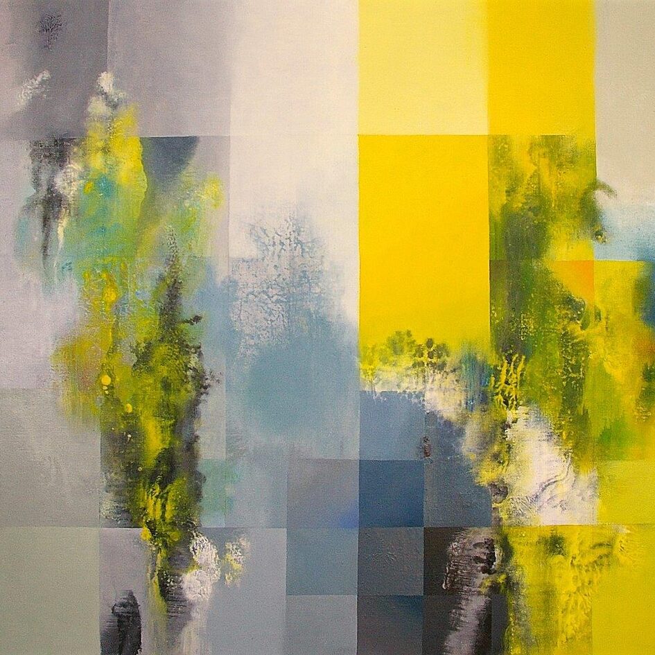 Abstraktes Ölgemälde in Gelb, Grau und Blautönen