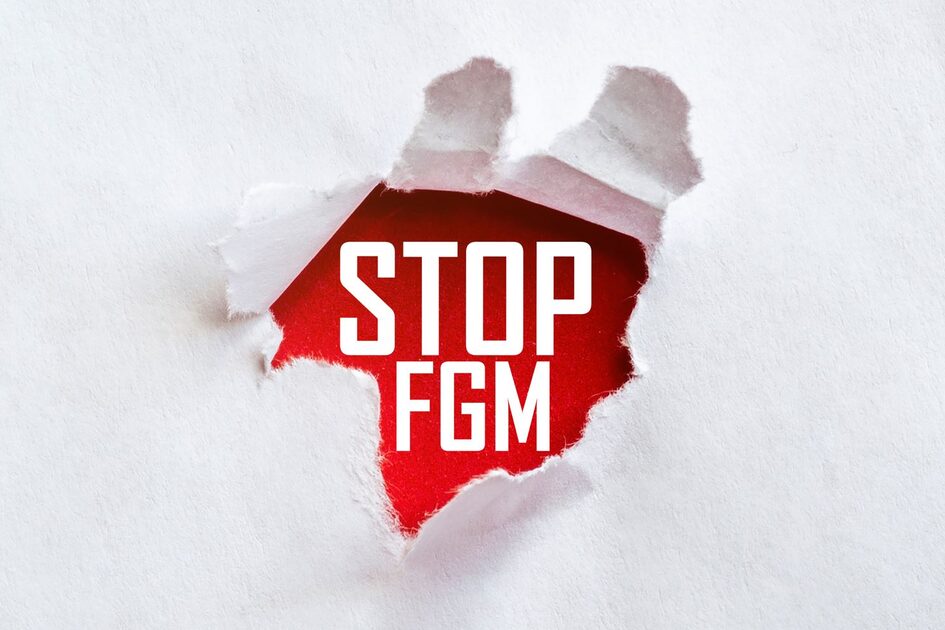 weißes eingerissenes Papier dahinter  weiß auf rot der Schriftzug Stop FGM