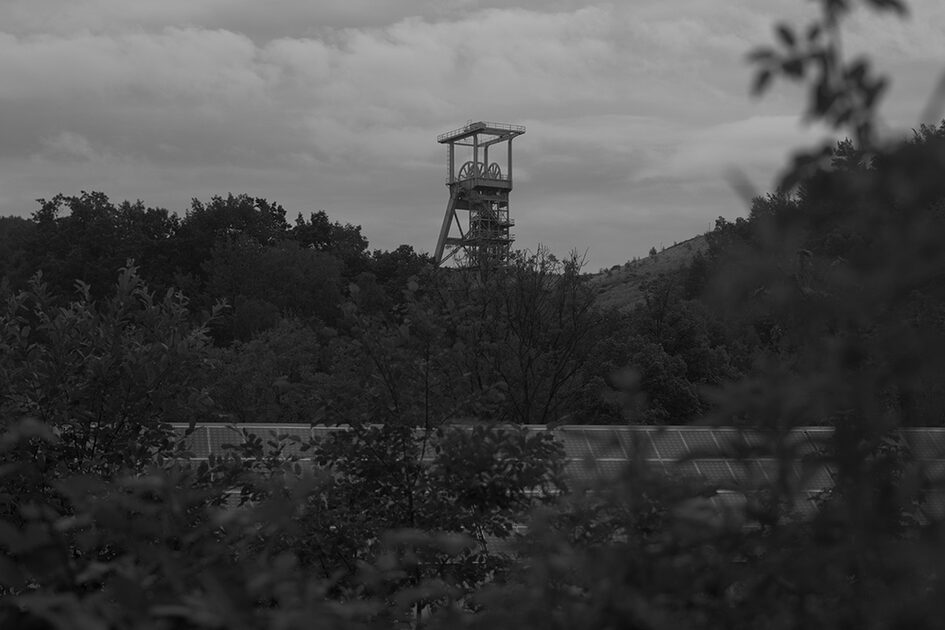 Конвейерна кула, заобиколена от дървета и храсти