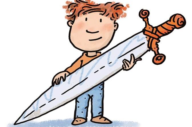 Zeichnung eines Jungen mit übergroßem Schwert in beiden Händen