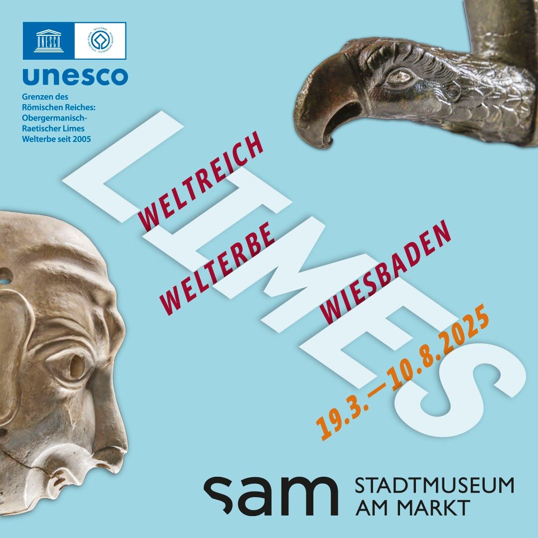 Titelgestaltung der Ausstellung mit Adlerkopf und Maske