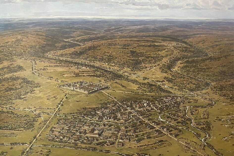 Leich hügelige Landschaft mit Straßen, Wiesen, Wäldern und Häusern