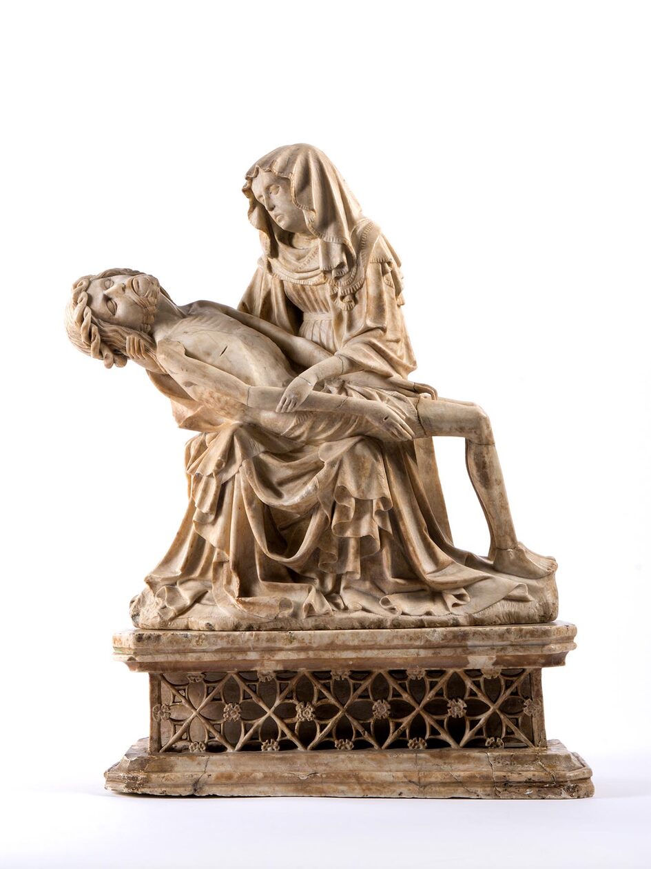 Skulptur aus Alabaster Maria hält Jesus in ihren Armen