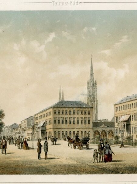 People promenade along Wilhelmstrasse at Theaterplatz around 1865