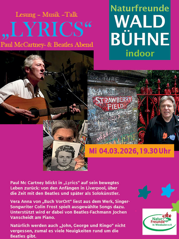 Plakatausschnitt: Mann mit Gitarre, Frau mit Buch und zweiter Mann in Lederjacke.