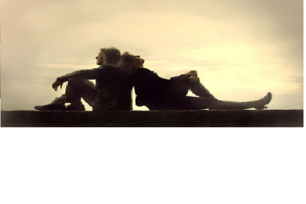 Two people sitting back to back. In the background is a sunset.