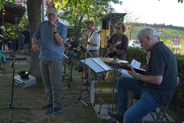 Le groupe joue à l'extérieur lors d'une fête. A gauche, un homme au micro, derrière un homme avec un saxophone, à droite un homme avec une guitare et devant à droite un homme à la batterie avec une basse à la main.