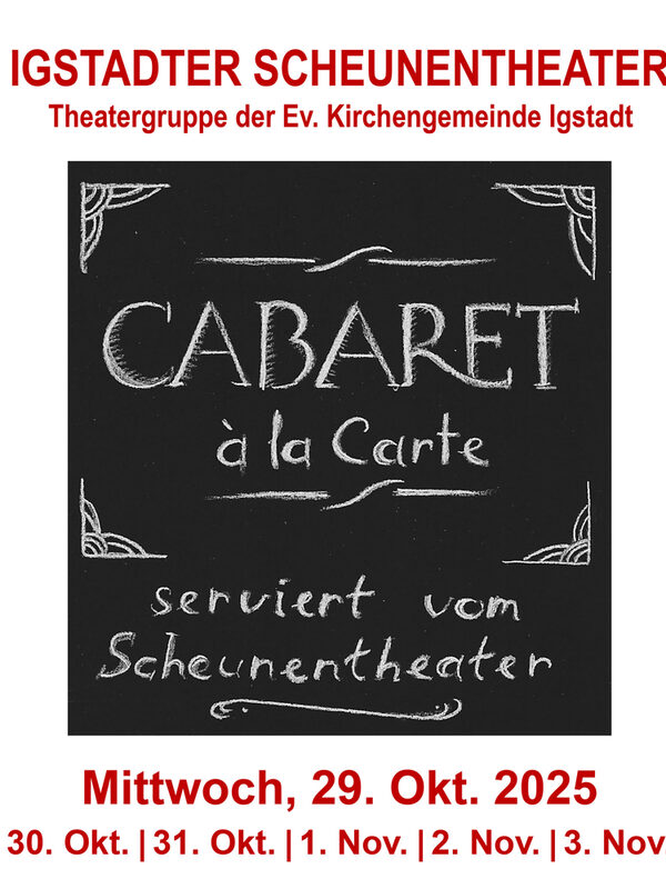 Plakat zum Theaterstück "Cabaret à la Carte. Weiße Schrift auf schwarzem Grund