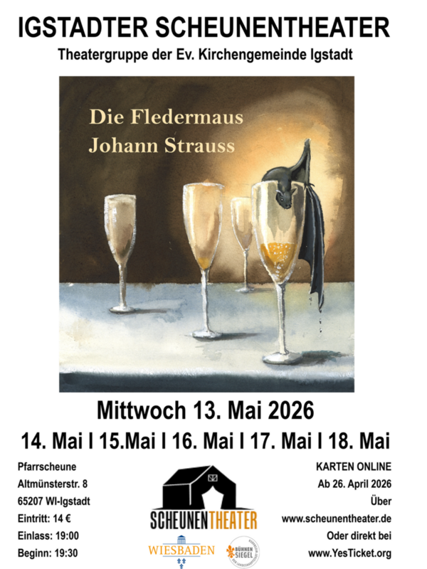 Плакат за театралната пиеса "Die Fledermaus". Рисувани чаши за шампанско и прилеп