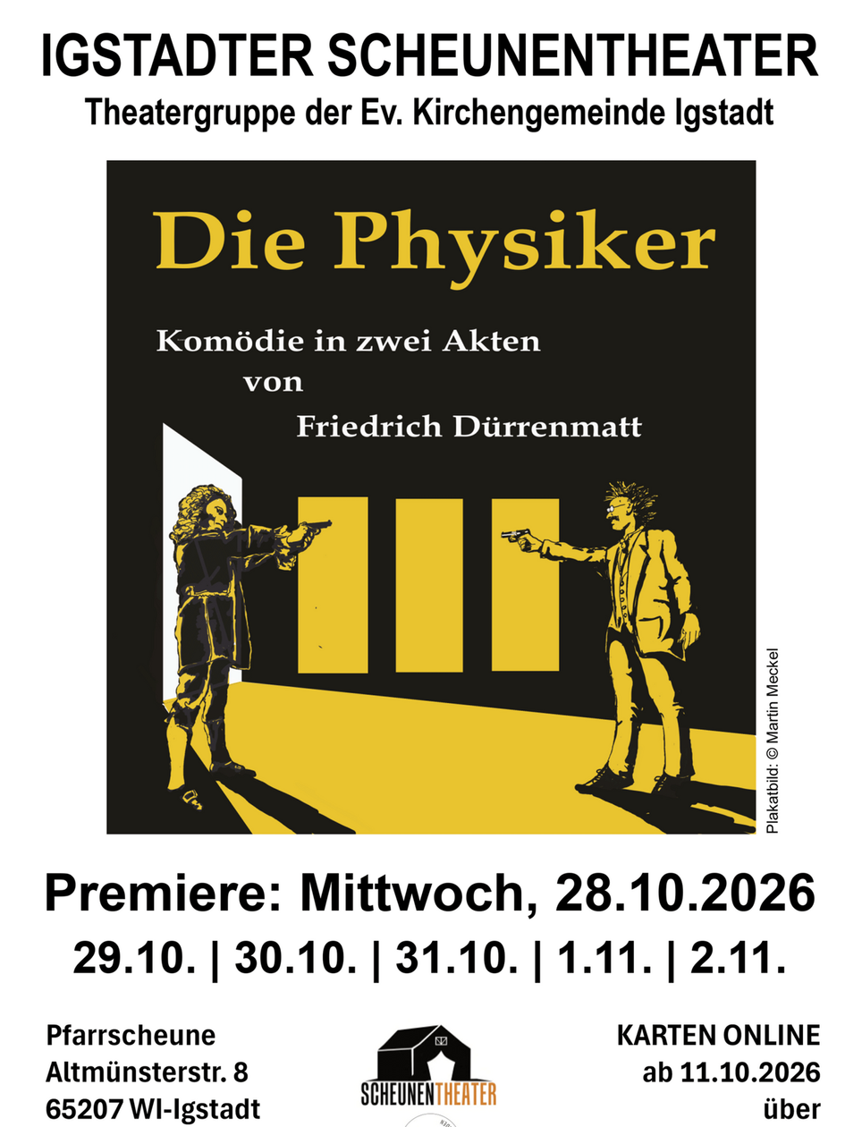 Ausschnitt Plakat die Physiker - Mit Slogan und gezeichnetem Duell