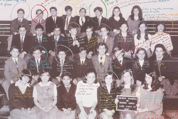 Снимка на класа от 1997 г. с бележки за учениците.