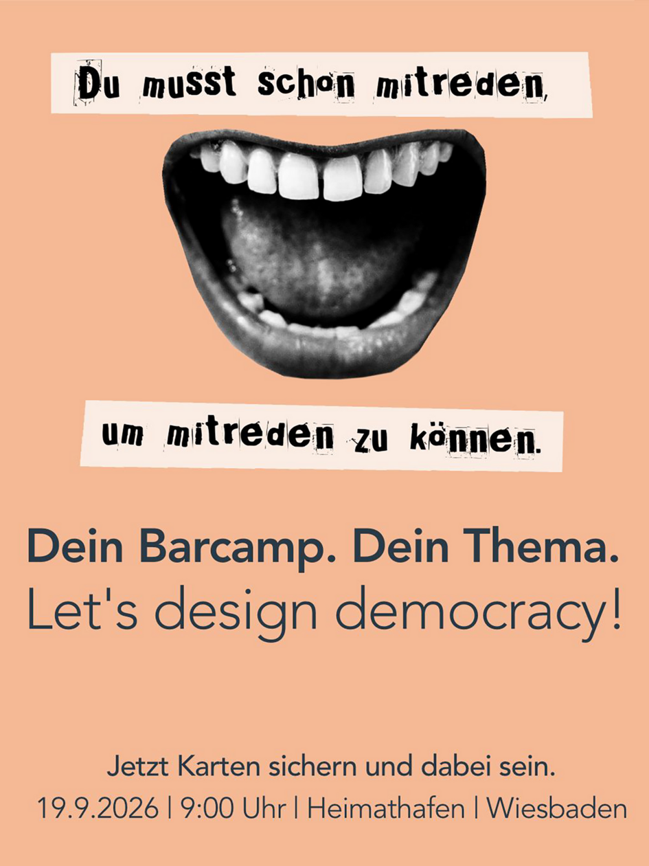 Plakat: Offener Mund mit Zunge und Zähnen und Slogans