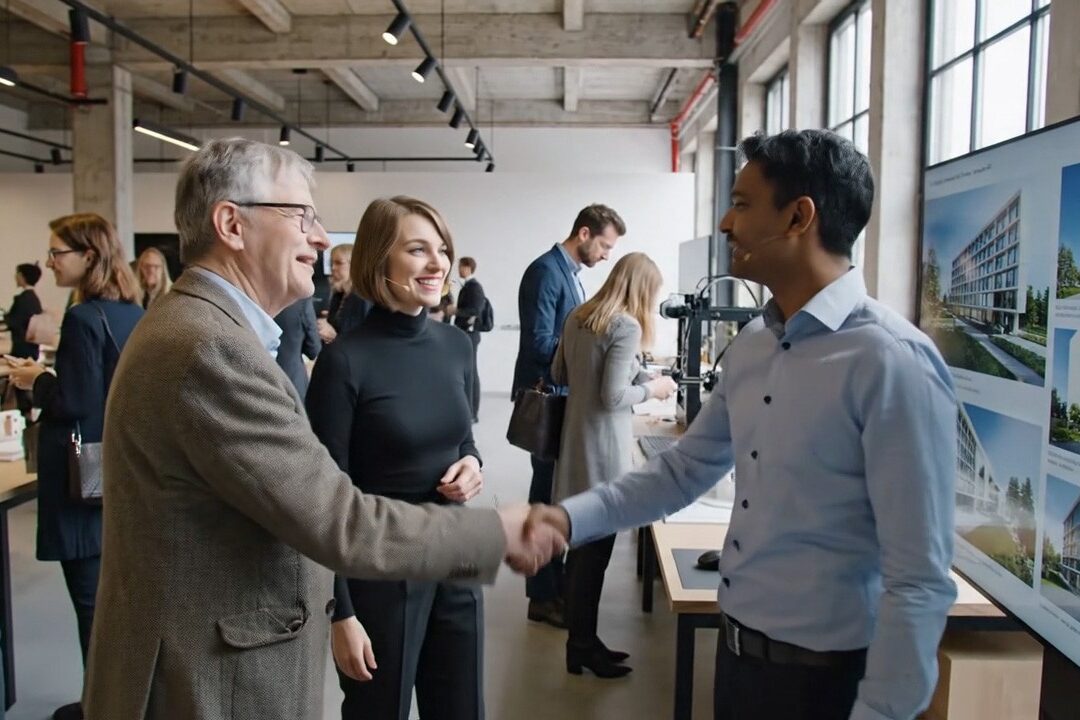 Zwei Männer schütteln sich die Hände vor Präsentationsboard mit Häusern