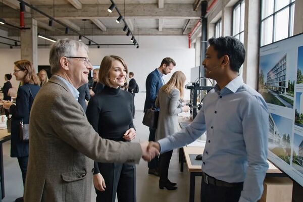 Двама мъже се ръкуват пред презентационна табела с къщи