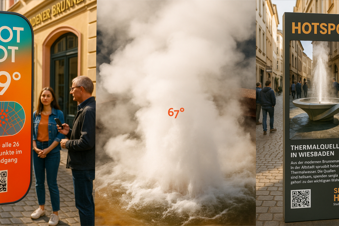 Heiße Quellen im Stadtbild mit Hinweistafeln und Menschen.