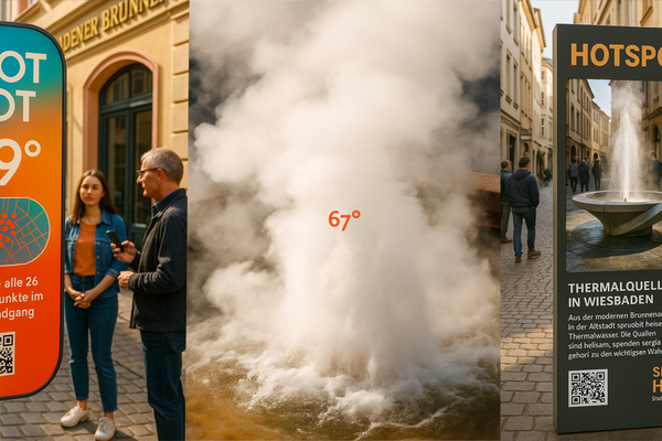 Гарячі джерела в міському пейзажі з інформаційними щитами та людьми.