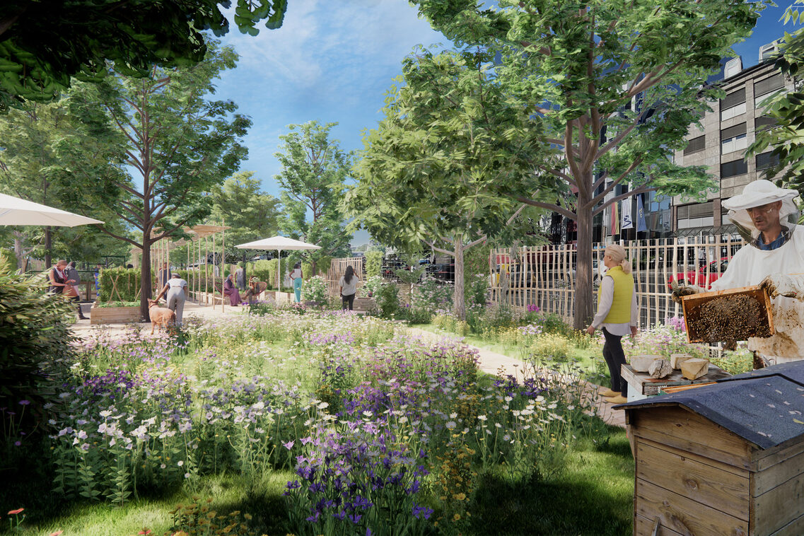 Illustration Stadtgarten mit Imkern und blühenden Wiesen