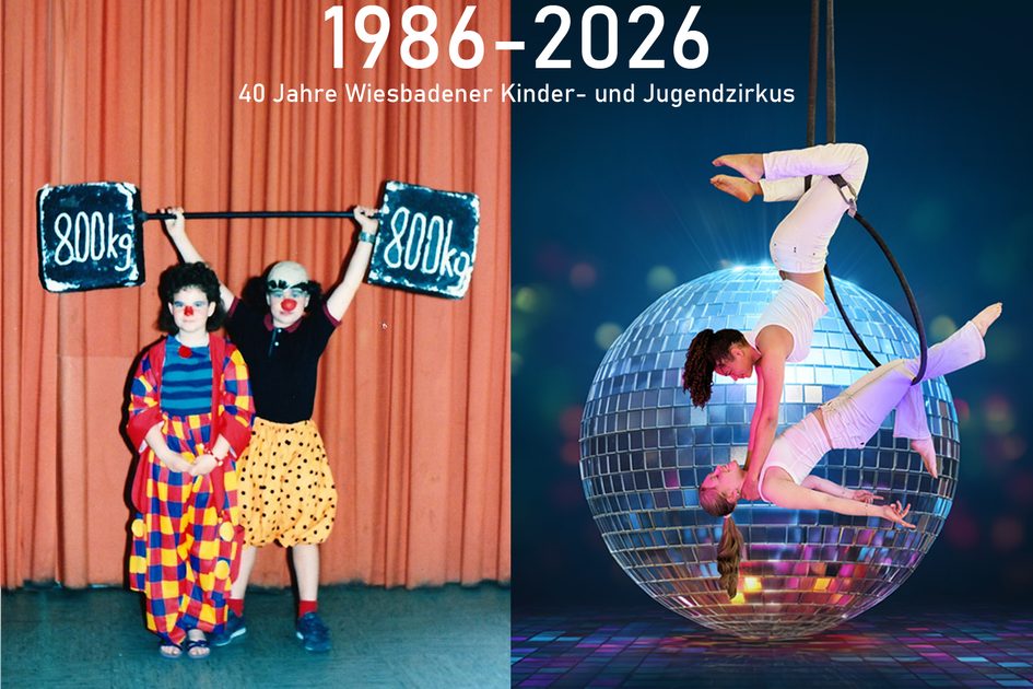 Zwei zusammengeschnitte Fotos von Kindern als Zirkusdarsteller auf einem Plakat zum 40-jährigen Jubiläum des Kinder- und Jugendzirkus.
