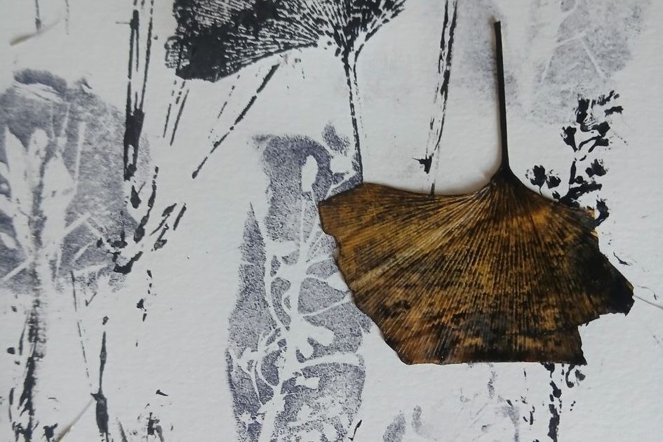 Ein Bild von einem Blatt Papier auf dem mit Blättern Bilder gedruckt wurden.