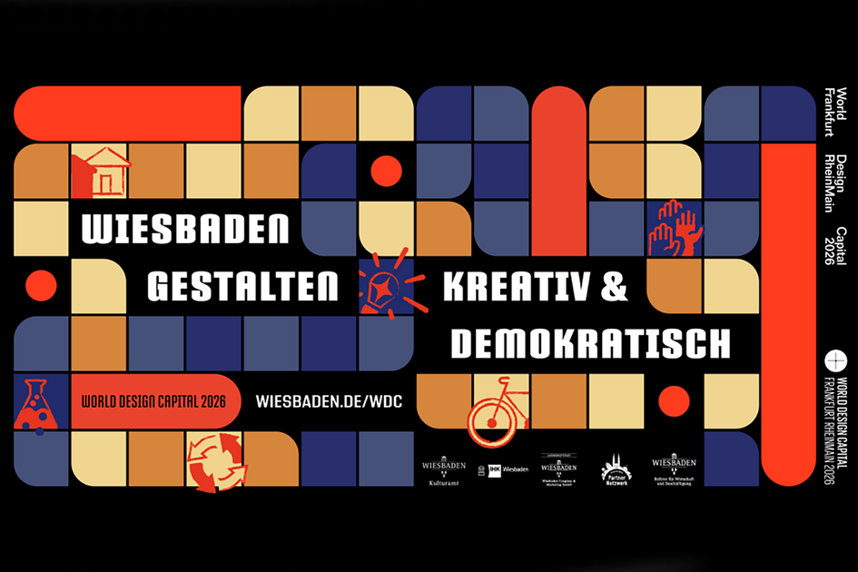 Schwarzes Logo mit bunten Kästchen - LOgo Wiesbadener Projekte WDC