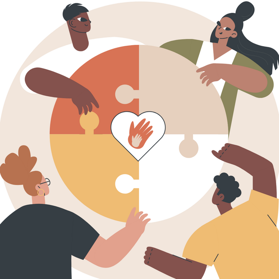 gezeichnete Menschen verschiedener kultureller Herkünfte sitzen an einem Tisch