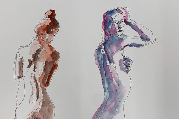 Dibujo a tinta y acuarela, dos cuerpos femeninos