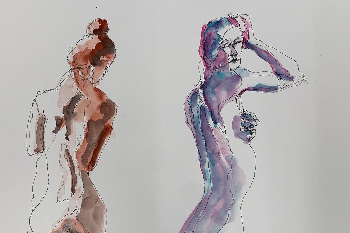 Zeichnung Tusche und Aquarell, zwei Frauenkörper