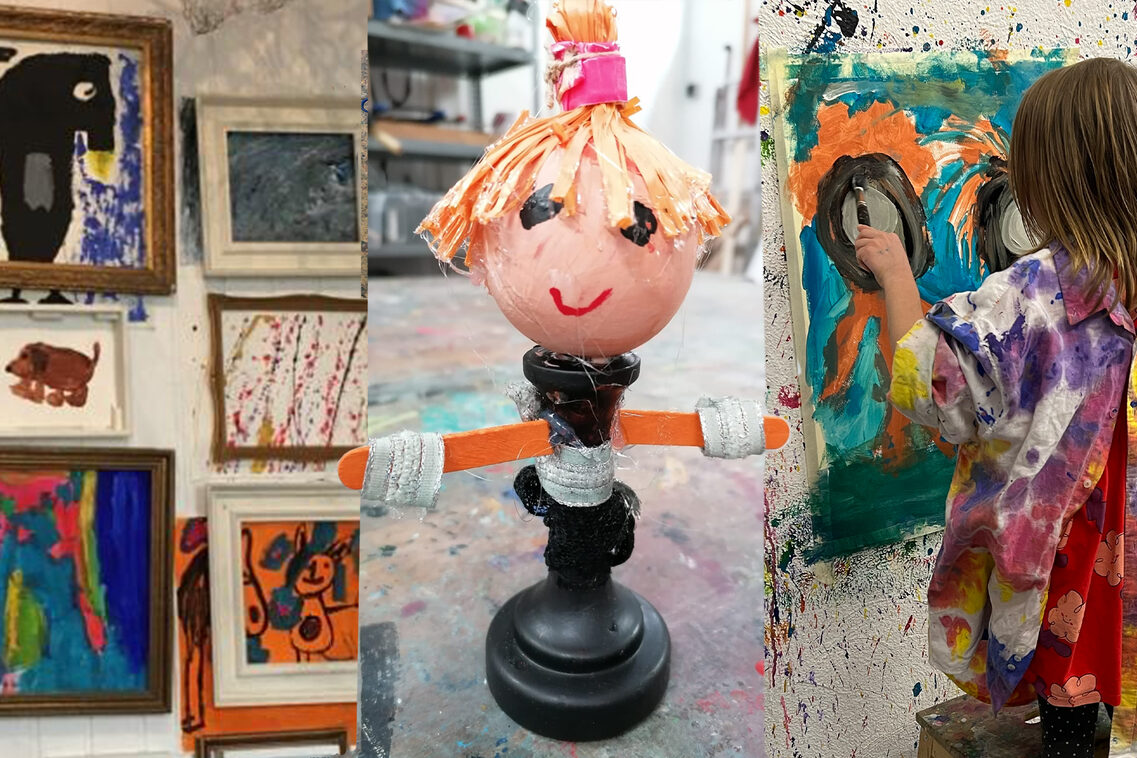 Collage mit verschiedenen Kunstwerken und einem Kind, das gerade ein buntes Bild mit einem Pinsel an der Wand bemalt