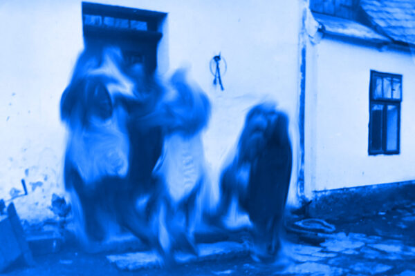 Das ganze Bild ist blau, zu sehen sind drei verschwommene Personen vor einem Haus