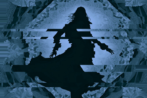 Man sieht die schwarze, verzerrte Silhoutte einer Figur vor blauem Hintergrund