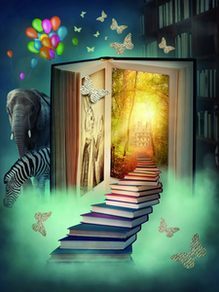 Fantasiebild mit Buch und Elefant