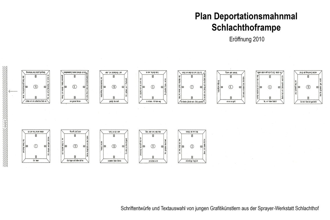 Schematische Aufzeichnung der Pflanzschalen am Mahnmal mit Zitaten